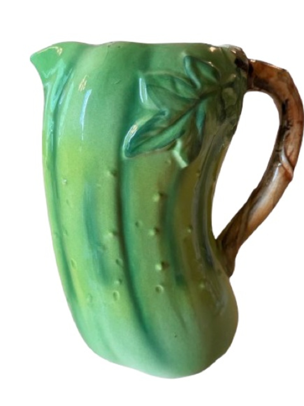 Vintage Japan Green Cucumber Pickle Pitcher Ceramic Majolica Twig Handle 1950s